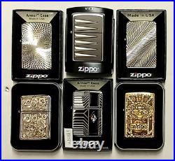 6 Zippo Lot Armor Emblem Swarovski Crystal Brass All Unfired New In Box