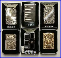 6 Zippo Lot Armor Emblem Swarovski Crystal Brass All Unfired New In Box