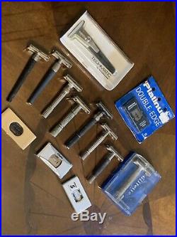 9 Lot Vintage 1960s All Gillette Safety Shaving Razors Adjustable Fatboy etc