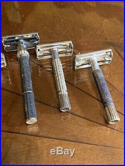 9 Lot Vintage 1960s All Gillette Safety Shaving Razors Adjustable Fatboy etc