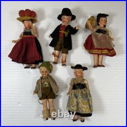 Antique German All Bisque Jointed Dollhouse 4 Collectible Dolls Lot of 5