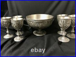 Excalibur Pewter Bowl and ALL 6 Goblets ofthe FRANKLIN MINT's LEGENDS OF CAMELOT