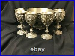 Excalibur Pewter Bowl and ALL 6 Goblets ofthe FRANKLIN MINT's LEGENDS OF CAMELOT