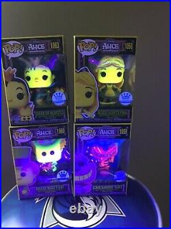 FUNKO POP BLACK LIGHT LOT ALL 4 Alice Queen Hatter And Cheshire FUNKO SHOP EXCL