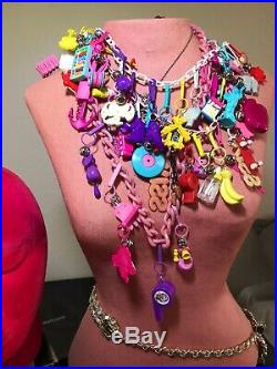 HUGE Vintage LOT 80s Plastic Charm Necklace, 3 Chains 53 Charms ALL OF THE BEST