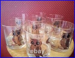 Lot 7 Couroc Owls Lowball Double Old Fashioned Glasses Whisky Bourbon Gold