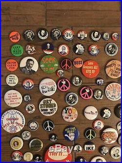 Lot Of 200+ VINTAGE 60'S 70'S BUTTONS PINS PINBACKS ALL POLITICAL and HIPPIE