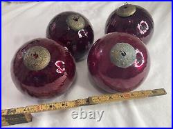 RARE Vintage Midwest Kugel Crackle Amethyst Lg Glass Balls Ornament Lot Of 4