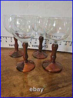 Set of 4 Marquetry Style Wood Stemmed Wine Glasses MINT 6.5 Tall