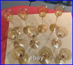 VTG Lot Of 10 Candle Holders Glass Brilliant Amber etched stemmed huricane