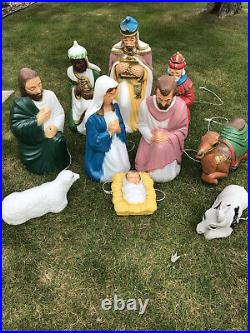 Vintage Blow Mold Nativity Christmas Set All Lighted 10 Pieces Wise Men Mary Lot