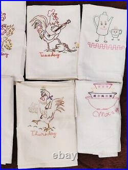 Vtg Lot 14 HAND EMBROIDERED DISH TOWELS DAYS OF THE WEEK