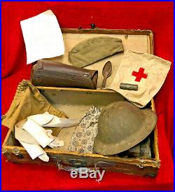 Ww1 Us Army Soldier Lot In, Connecticut Suitcase, All Original, Helmet Cap Etc