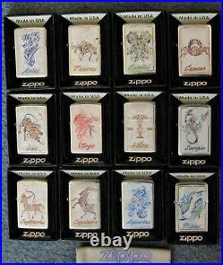 ZIPPO 12 BEAUTIFUL Lighters ZODIAC COMPLETE SET All New MINT IN BOXES